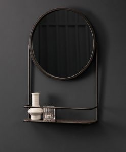 Black Round Wall Mirror with Shelf – Industrial Iron Frame (63 cm)