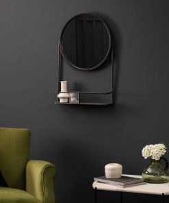 Black Round Wall Mirror with Shelf – Industrial Iron Frame (63 cm)5
